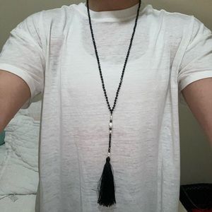 Zacasha Black Crystal and Bali Pearl Tassel Necklace